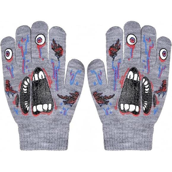 Boys 2 pairs of Gloves: 1-Halloween AND 1-Black (Monster Gray) - Picture 2 of 3